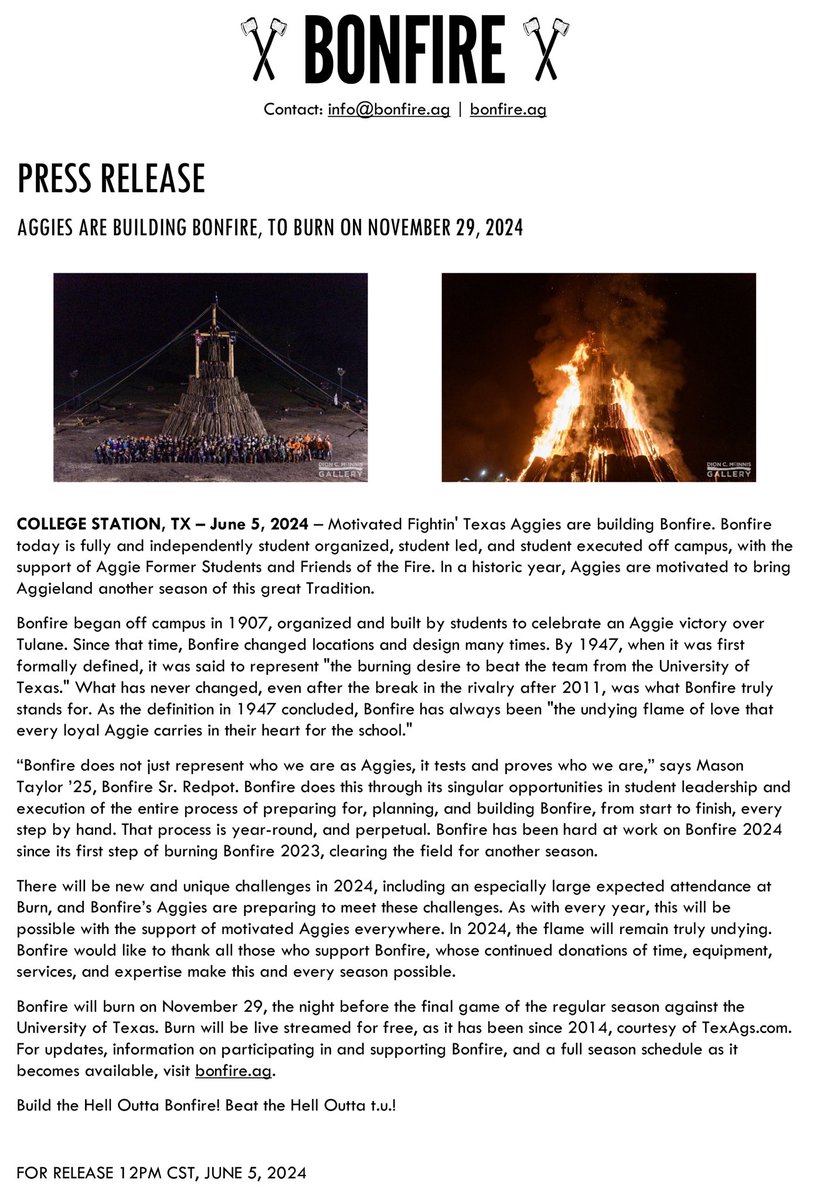 StudentBonfire's tweet photo. Once again, Aggies are building Bonfire in 2024. We are grateful for the opportunity to continue to organize, lead, and build Bonfire, carrying on a Tradition that began in
1907. Media and other enquiries can be directed to info@bonfire.ag. #BTHOB '24! #BTHOtu! https://t.co/T8ux9iXMwW