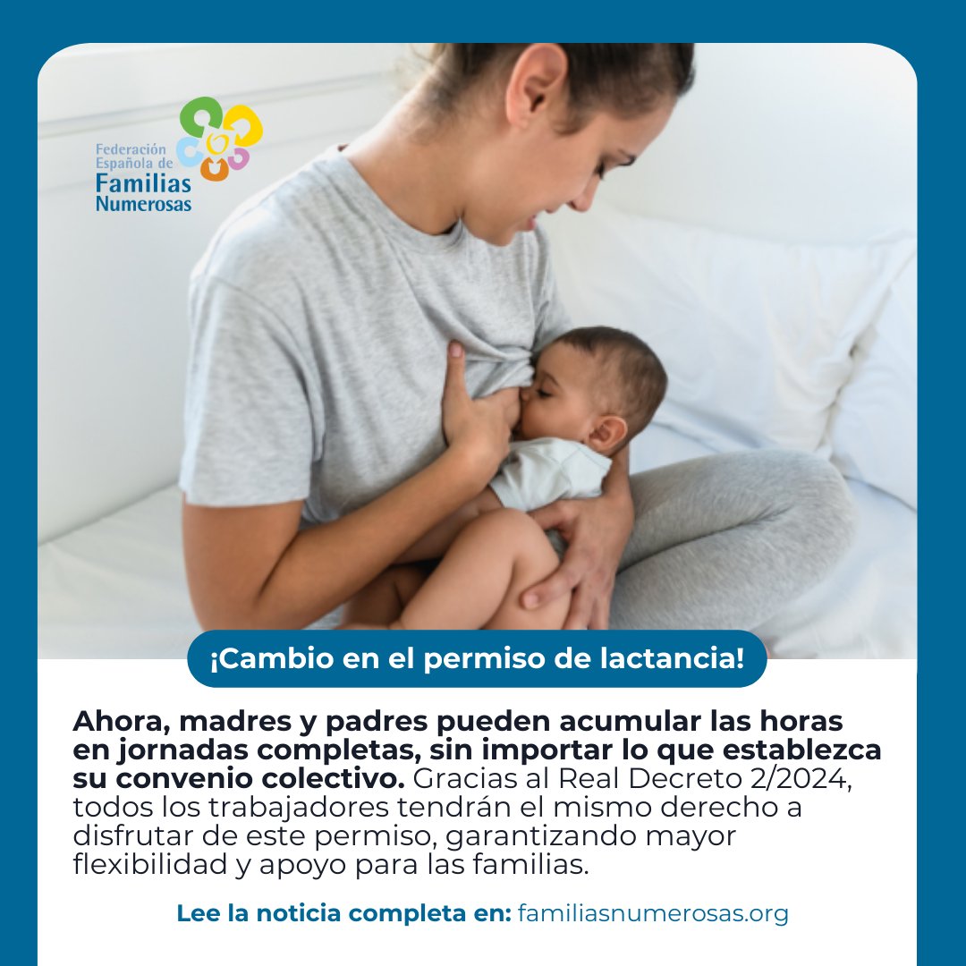FamNumerosas's tweet photo. A partir de ahora, las horas de este permiso podrán acumularse en jornadas completas, independientemente de lo que establezca el convenio colectivo.
Para obtener más información y leer el texto completo del Real Decreto 2024 , los invitamos a visitar nuestra página web.
#FEFN https://t.co/7Has5BrbcG