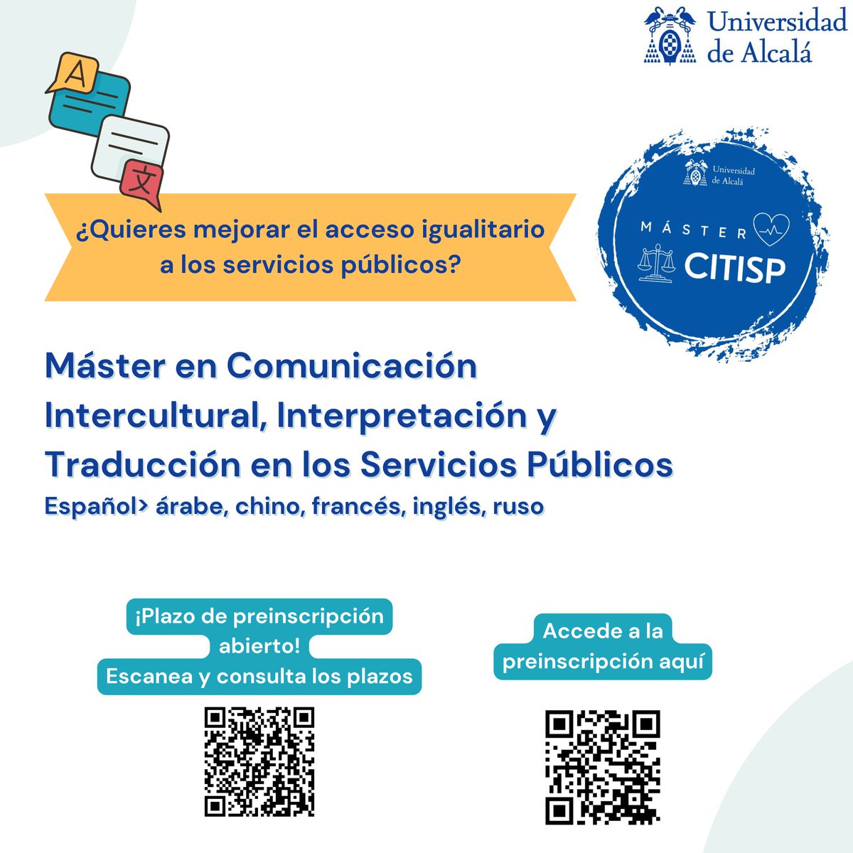 galanbarrera's tweet photo. 🇪🇺Uno año más se ha incluido el Máster Universitario en Comunicación Intercultural, Interpretación y Traducción en los Servicios Públicos en la red EMT.
Si quieres formarte en este campo, recuerda que el plazo de preinscripción termina el 20 de junio. #formación #8xl #1nt #SSPP https://t.co/5QIyKED2Lx