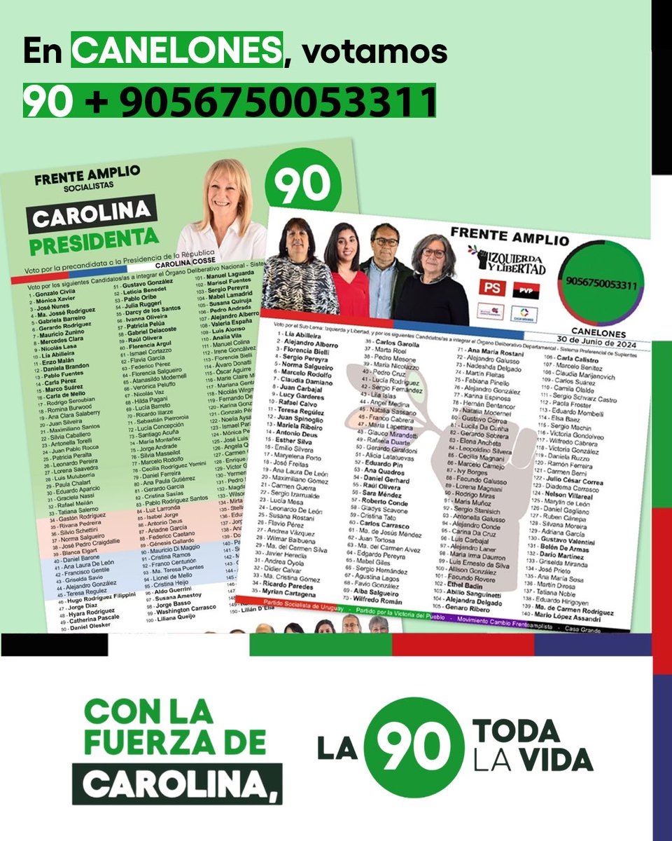 Tenemos listas 💪🏽

El próximo domingo 30 de junio votamos la 90 + 9056750053311 💚

Con la fuerza de Carolina 🔴🔵⚪️
La 90 toda la vida 💚