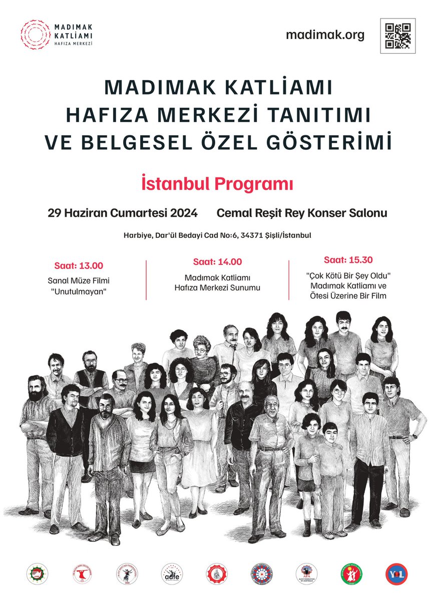 madimakhafizam's tweet photo. 📍MADIMAK KATLİAMI HAFIZA MERKEZİ TANITIMI ve BELGESEL ÖZEL GÖSTERİMİ - İSTANBUL

Yapımcılığını Avrupa Alevi Birlikleri Konfederasyonu'nun (@AvrupaAleviKonf) üstlendiği Madımak Katliamı Hafıza Merkezi'nin tanıtımı ve yönetmenliğini Ümit Kıvanç'ın (@umit_k) yaptığı "Çok Kötü Bir Şey Oldu" belgesel gösterimi 29 Haziran'da İstanbul Cemal Reşit Rey Konser Salonu'nda gerçekleşecek.  
Programda ayrıca yönetmenliğini Eylem Şen'in (@EylemSen) yaptığı Sanal Müze tanıtım filmi Unutulmayan da gösterilecek.

Tüm dostlarımız davetlidir.