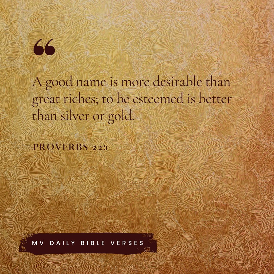 VoicesMillion's tweet photo. "A good name is more desirable than great riches; to be esteemed is better than silver or gold." - Proverbs 22:1
#bibleverse #proverbs #Proverbs221 #MVDailyBibleVerses #MillionVoices https://t.co/1pg9xbHdGY