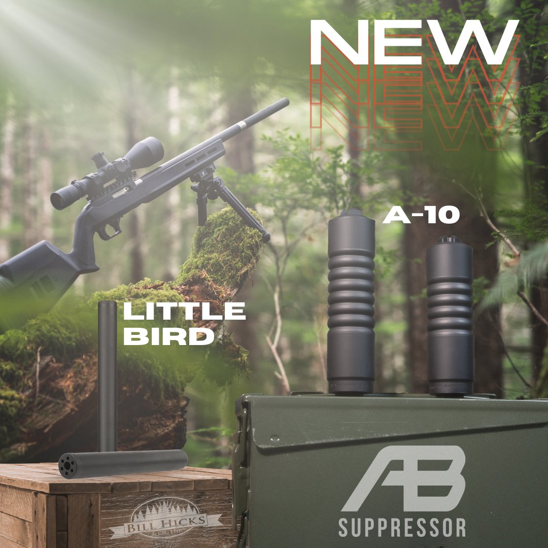 billhicksco's tweet photo. NEW from AB Suppressor the innovative A-10 with SpiralTech baffles and a built-in flash hider  and the ultra-lightweight Little Bird, you won't hear a peep!🐥🤫

#bhcco #absuppressor #a10 #spiraltech #flashhider #suppressor #newproduct https://t.co/xzRIskTeFz