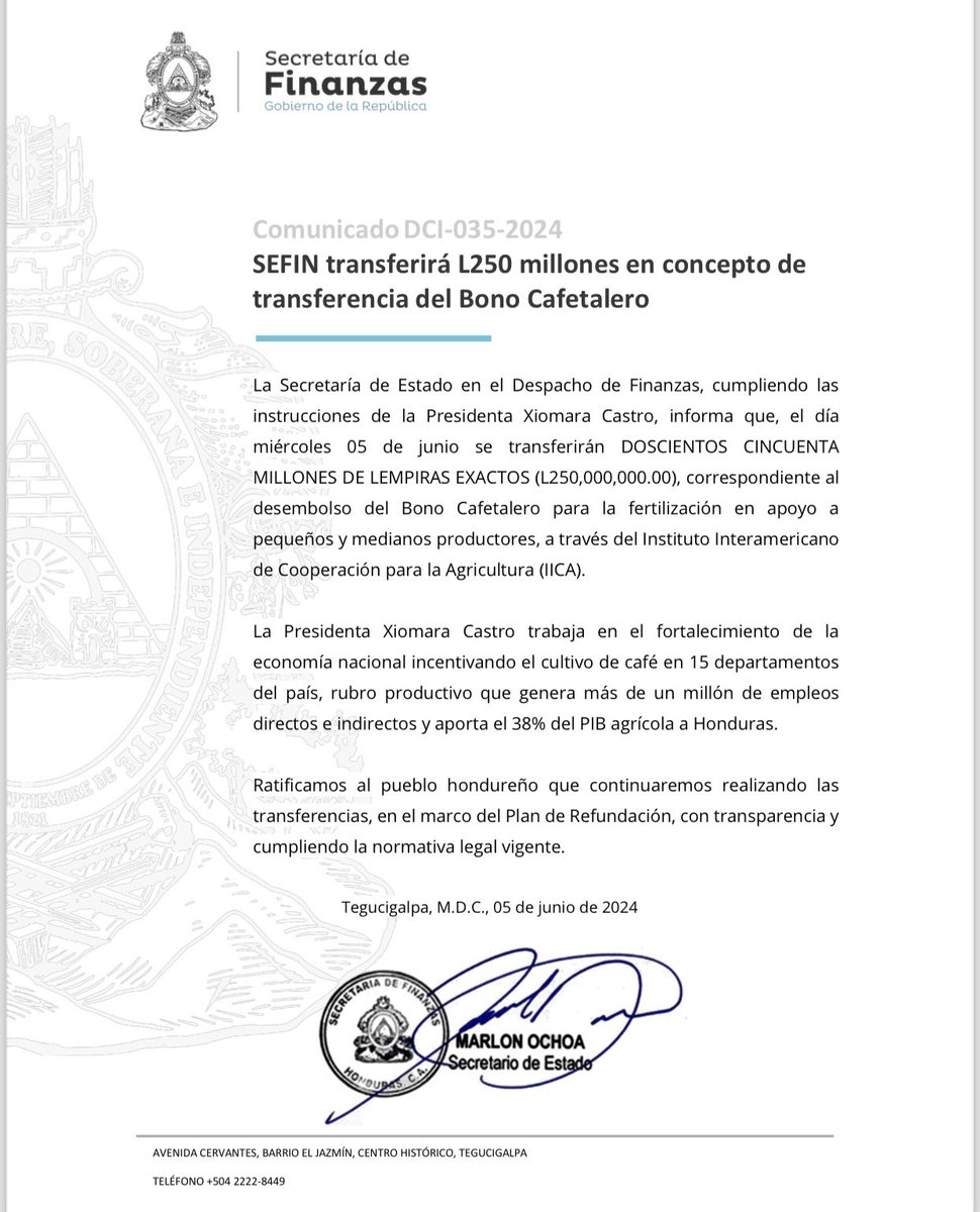 Por instrucción de la Presidenta <a href="/XiomaraCastroZ/">Xiomara Castro de Zelaya</a> , la SEFIN transferirá L250 millones en concepto de transferencia del Bono Cafetalero para la fertilización en apoyo a pequeños y medianos productores.

La Presidenta Xiomara Castro trabaja en el fortalecimiento de la economía