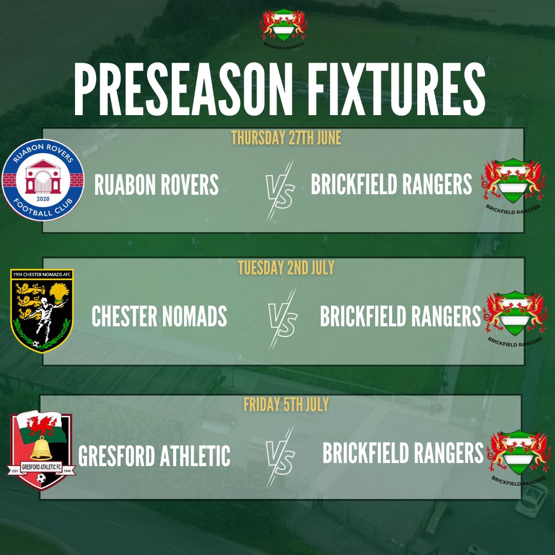 BrickfieldRFC's tweet photo. 𝗣𝗥𝗘 𝗦𝗘𝗔𝗦𝗢𝗡 𝗙𝗥𝗜𝗘𝗡𝗗𝗟𝗜𝗘𝗦 

Our pre-season friendlies for our first team will start on Thursday 27th June….

@RuabonRoversFC (A)
@ChesterNomads (A)
@GresfordFC (A) 
@penycaefc1 (A)
@the_nomads U23s (A) 
@airbusukfc (H)

#UPTHEBRICKY💚 https://t.co/lQfBXNVvQ5