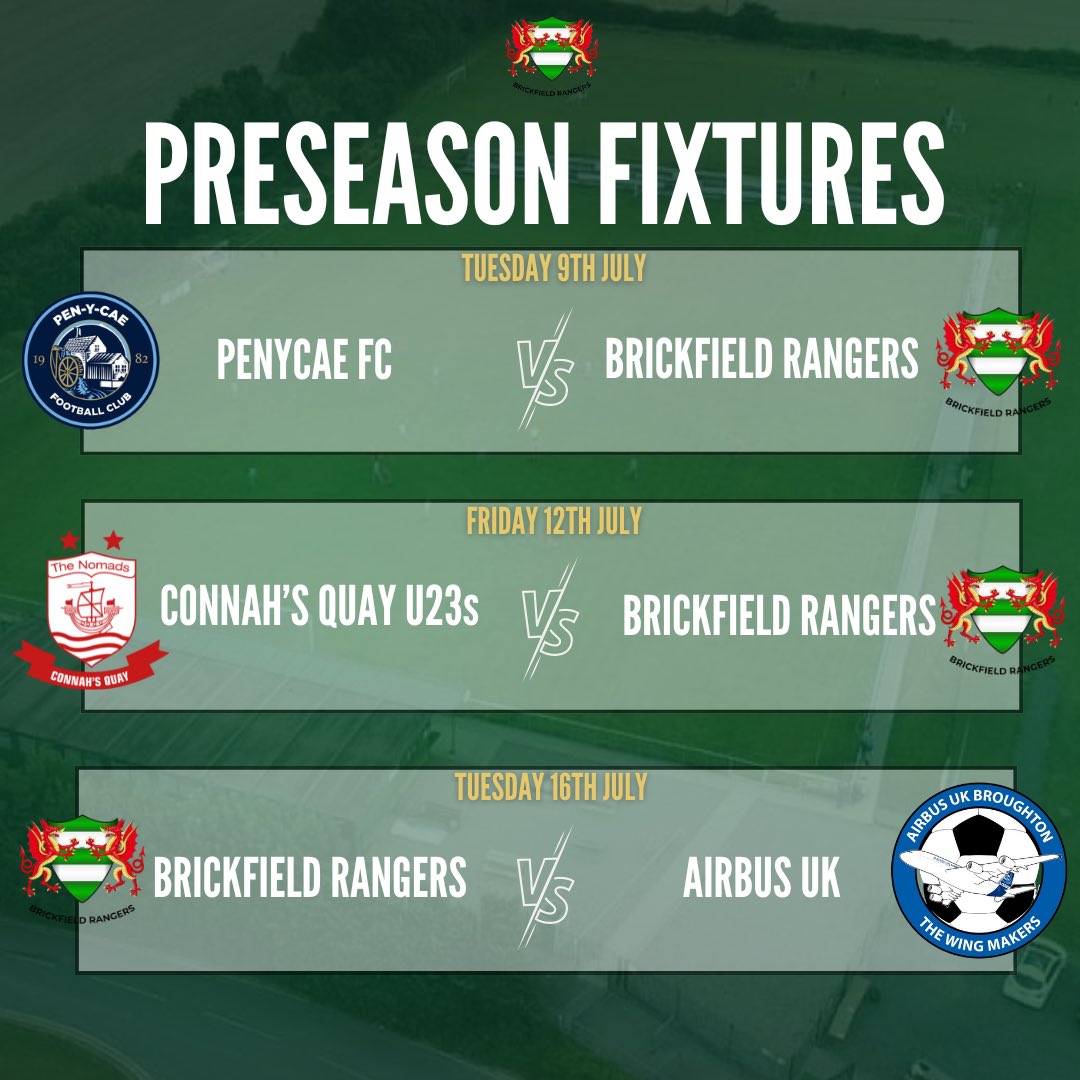 BrickfieldRFC's tweet photo. 𝗣𝗥𝗘 𝗦𝗘𝗔𝗦𝗢𝗡 𝗙𝗥𝗜𝗘𝗡𝗗𝗟𝗜𝗘𝗦 

Our pre-season friendlies for our first team will start on Thursday 27th June….

@RuabonRoversFC (A)
@ChesterNomads (A)
@GresfordFC (A) 
@penycaefc1 (A)
@the_nomads U23s (A) 
@airbusukfc (H)

#UPTHEBRICKY💚 https://t.co/lQfBXNVvQ5