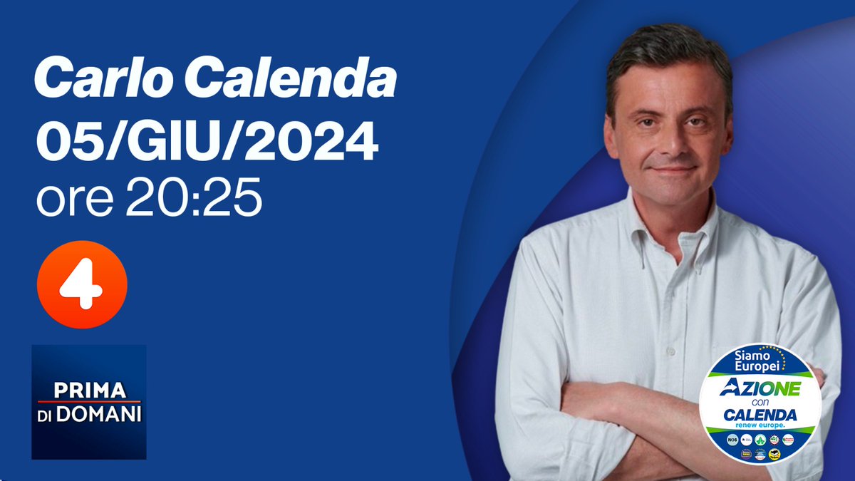 Azione_it's tweet photo. Stasera, alle ore 20:25, @CarloCalenda sarà ospite a @PrimadiDomaniR4 su #Rete4.

Entra in #Azione, #SiamoEuropei: https://t.co/UbOLiLlkuf https://t.co/ScLyelTejp