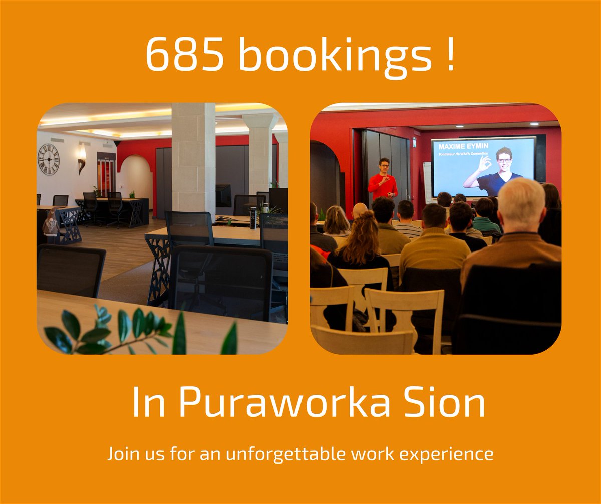 PuraWorka's tweet photo. Grateful for all our 685 partners who chose our coworking and meeting spaces in Sion! 
Every booking fuels our promise to provide better service. 
Cheers to collaborative success! 🎉 
#CoworkingSpace #coworkingvalais #coworkingsion #puraworka https://t.co/E6MopaWA02