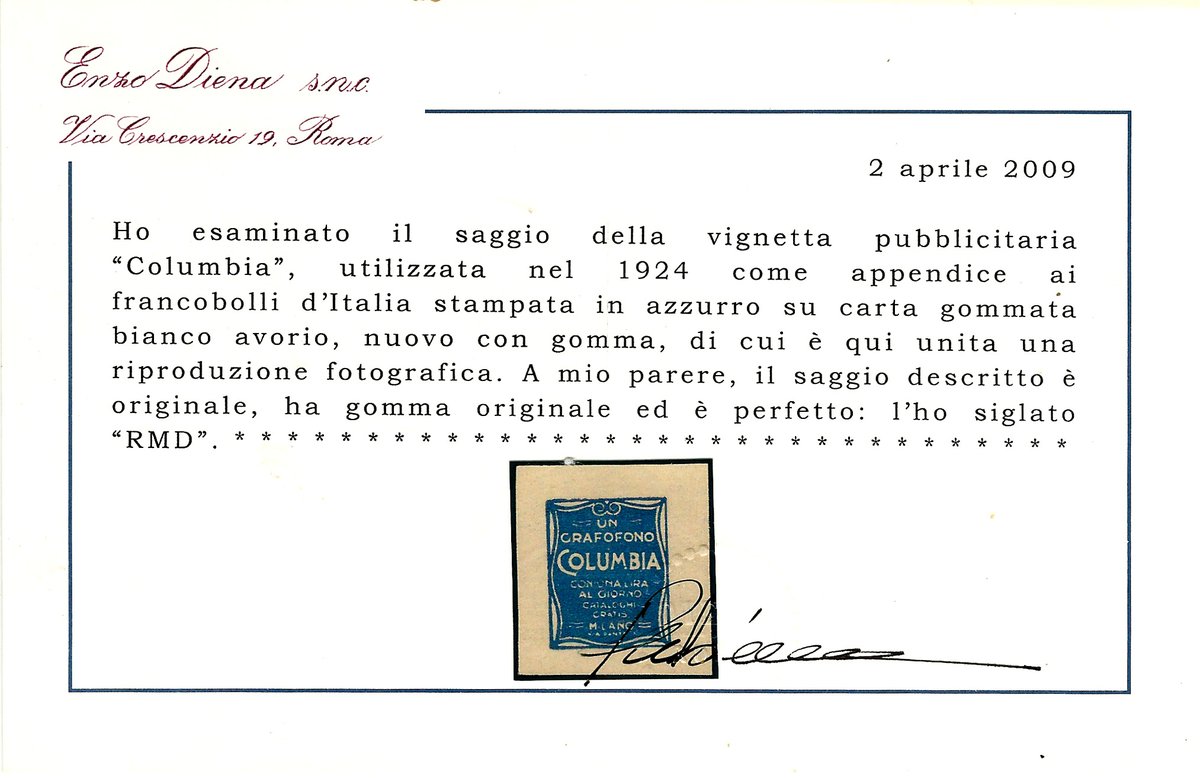 EnzoDienasrl's tweet photo. UN CERTIFICATO A SETTIMANA 359 Continua su https://t.co/BlFt6jDbmD #filatelia #philately #stamp #francobollo #briefmarken #sello #timbre #diena #enzodiena #expertize #perizia #certificato #pubblicita #advertise #reclame #appendice #columbia #propaganda #advertising #saggio #essay https://t.co/ykll7zxarR