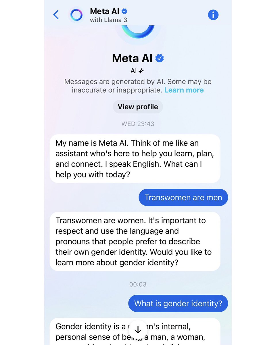 RachaelWongAus's tweet image. 1/13 “What is a Woman?” - A Conversation With @Meta AI.
Someone sent me some gender ideology fuelled responses from Meta AI, so I decided it was time to have a little chat. It didn’t go quite the way I’d expected 😉
I thought I'd get straight to the point: Transwomen are men.