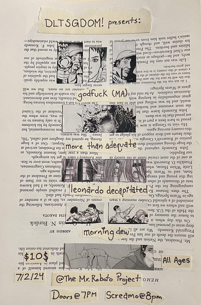 dltsgdomshows's tweet image. NEW SHOW: godfuck w/ @morningdewemo + Leonardo Decapitated + More Than Adequate at @RobotoProject!!

TICKETS: dltsgdom.ticketleap.com/godfuck-roboto/