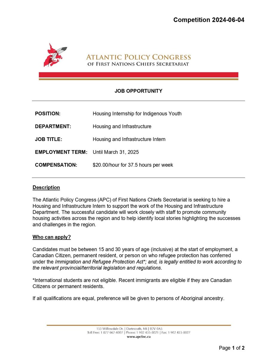 apcfncs's tweet photo. Atlantic Policy Congress is #hiring!

The Atlantic Policy Congress (APC) of First Nations Chiefs Secretariat is seeking to hire a Housing and Infrastructure Intern to support the #work of the Housing and Infrastructure Department.

For more information:
https://t.co/2VGltMkK2u https://t.co/YcKJj5OROj
