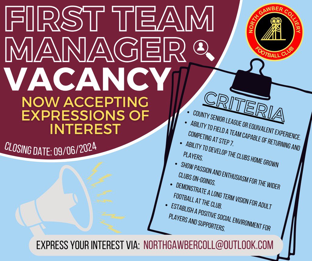 𝑭𝑰𝑹𝑺𝑻 𝑻𝑬𝑨𝑴 𝑴𝑨𝑵𝑨𝑮𝑬𝑹 𝑽𝑨𝑪𝑨𝑵𝑪𝒀

There is still time to express your interest in our vacant first team manager position before we start the shortlisting process! 

You have until Sunday.

Get in touch if you’re ready to lead us forward!

𝘗𝘭𝘦𝘢𝘴𝘦 𝘚𝘩𝘢𝘳𝘦