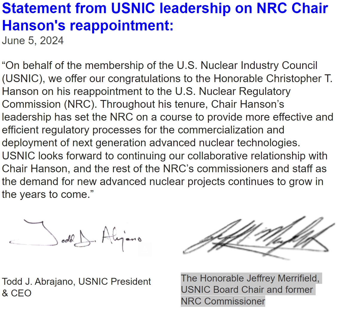 Amid the recent reappointment of the Honorable Christopher Hanson, here is a statement from USNIC leadership: