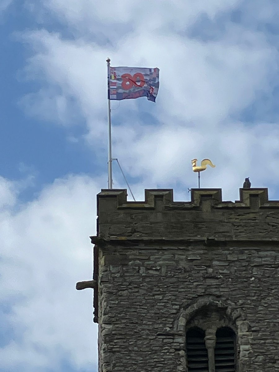 The special D-day commemorative flag, purchased by <a href="/wenlockcouncil/">Much Wenlock Council</a> Council, sits proudly on Holy Trinity Church, Much Wenlock. 

Thanks to the church for putting it up 🇬🇧

See you tomorrow at 8:15 pm at the priory or 8.30 pm at the church if you've served in the Armed Forces.