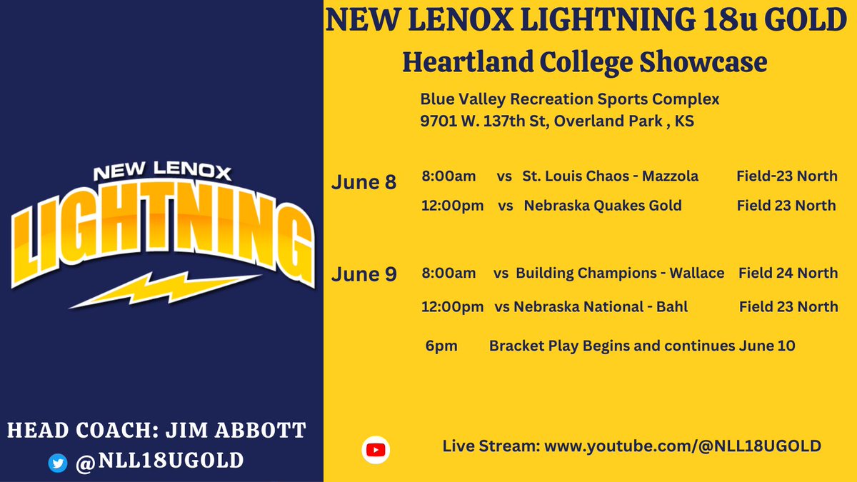 NLL18UGold's tweet image. Looking forward to getting on the fields starting this weekend, Saturday thru Monday. Our first event is the Heartland College Showcase in Overland Park, KS. Great field of teams we will be competing against ⚡️