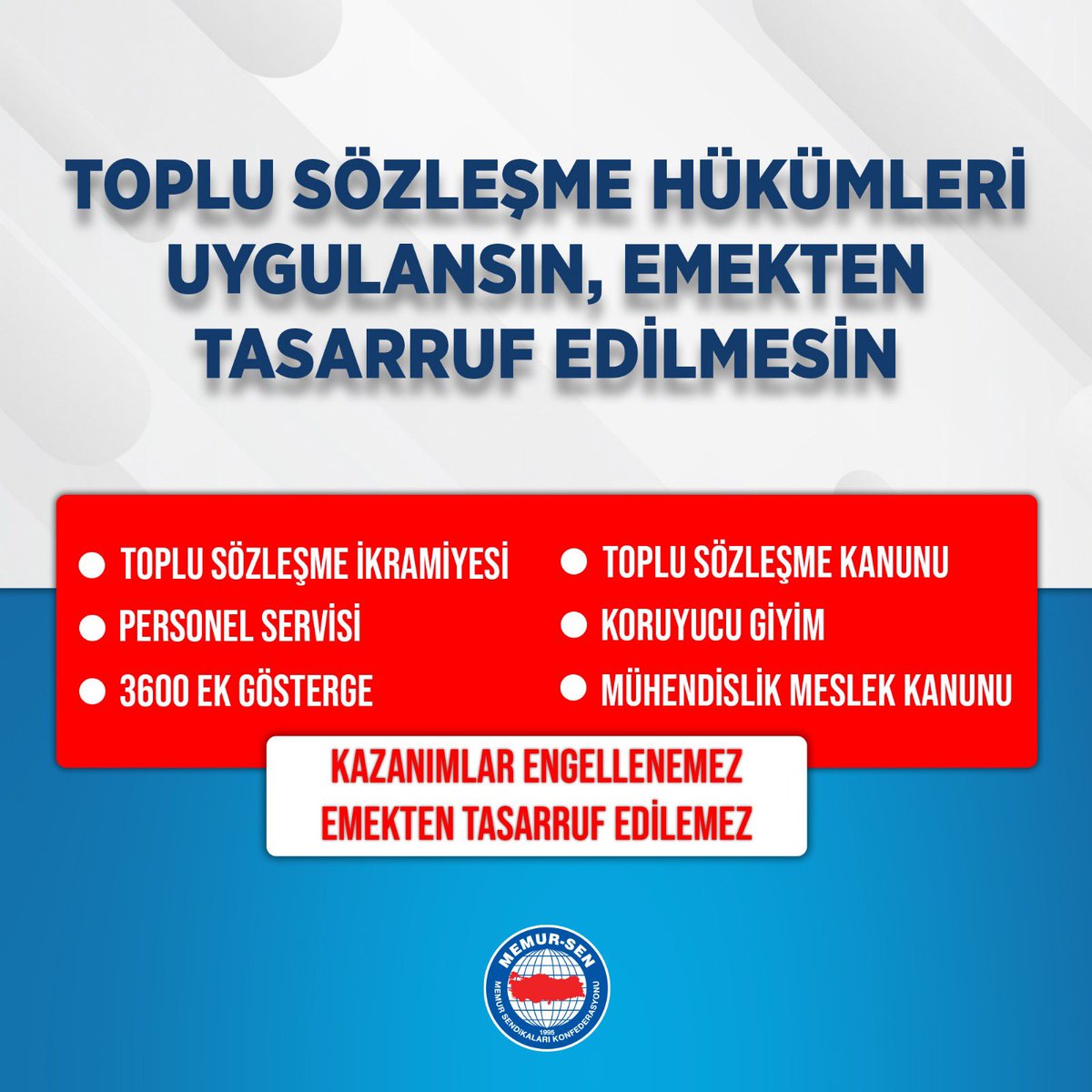 _aliyalcin_'s tweet photo. TOPLU SÖZLEŞME KAZANIMLARINA YAPILAN MÜDAHALEYİ KABUL ETMİYORUZ…

AYM kararıyla, Tasarruf Genelgeleriyle ve tek taraflı işlemlerle; 4 milyon kamu görevlisinin emeğini, alın terini, hakkını ve hukukunu koruyan Toplu Sözleşme hükümlerine yapılan müdahaleleri kabul etmemiz mümkün değildir.

Sendikal örgütlenmeye, sendikal haklara, demokratikleşmeye ve sosyal diyalog zemine yönelik 20 yıllık süreçte çok önemli, çok değerli adımlar atıldı. Şüphesiz bu adımların başında kamu görevlilerine toplu sözleşme hakkının tanınması, masada görüşülen ve karara bağlanan hükümlerin havada kalmaması geliyor.

Mevcut durumda 11 hizmet kolumuzdaki kazanımlarımızın önemli bir kısmını kısıtlayan Tasarruf Tedbirleri; atılan bütün önemli adımları gölgeliyor ve yapılan bütün iyileştirmelerin üstünü örtüyor. 

•AYM tarafından iptal edilen Toplu Sözleşme İkramiyesi kazanımızın kayıplarıyla birlikte geri verilmesi, 
•Servis hizmetine dokunulmaması,
•Koruyucu Giyim Kazanımımızın önündeki engellerin kaldırılması,
•1. Dereceye 3600 ek göstergenin bir an önce hayata geçirilmesi,
•Emekli aylıklarında hak kayıplarının giderilmesini ve adil bir seviyeye yükseltilmesi,
•Uzun zamandır gündemde olan Mühendislik Meslek Kanununun çıkarılması,
•Mühendis, mimar, teknik personel ile idari personelin mali, sosyal ve özlük haklarının geliştirilmesi,
.     Üniversitelerde personelin yer değişikliği hakkının hayata geçirilmesi,
için mücadelemizde kararlıyız.

Mücadelemiz; kamu görevlilerinin alın terinin karşılığının verilmesi, karşılıklı anlaşılan maddelerin eksiksiz uygulanması, tasarruf, tedbir ve önlem kelimeleriyle emeğin değersizleştirilmemesi ve Memur-Sen’in müzakeresiyle elde edilen kazanımların engellenmemesi içindir. 

#MemurlarEylemde 
@HBTONBUL @Kenan__Caliskan