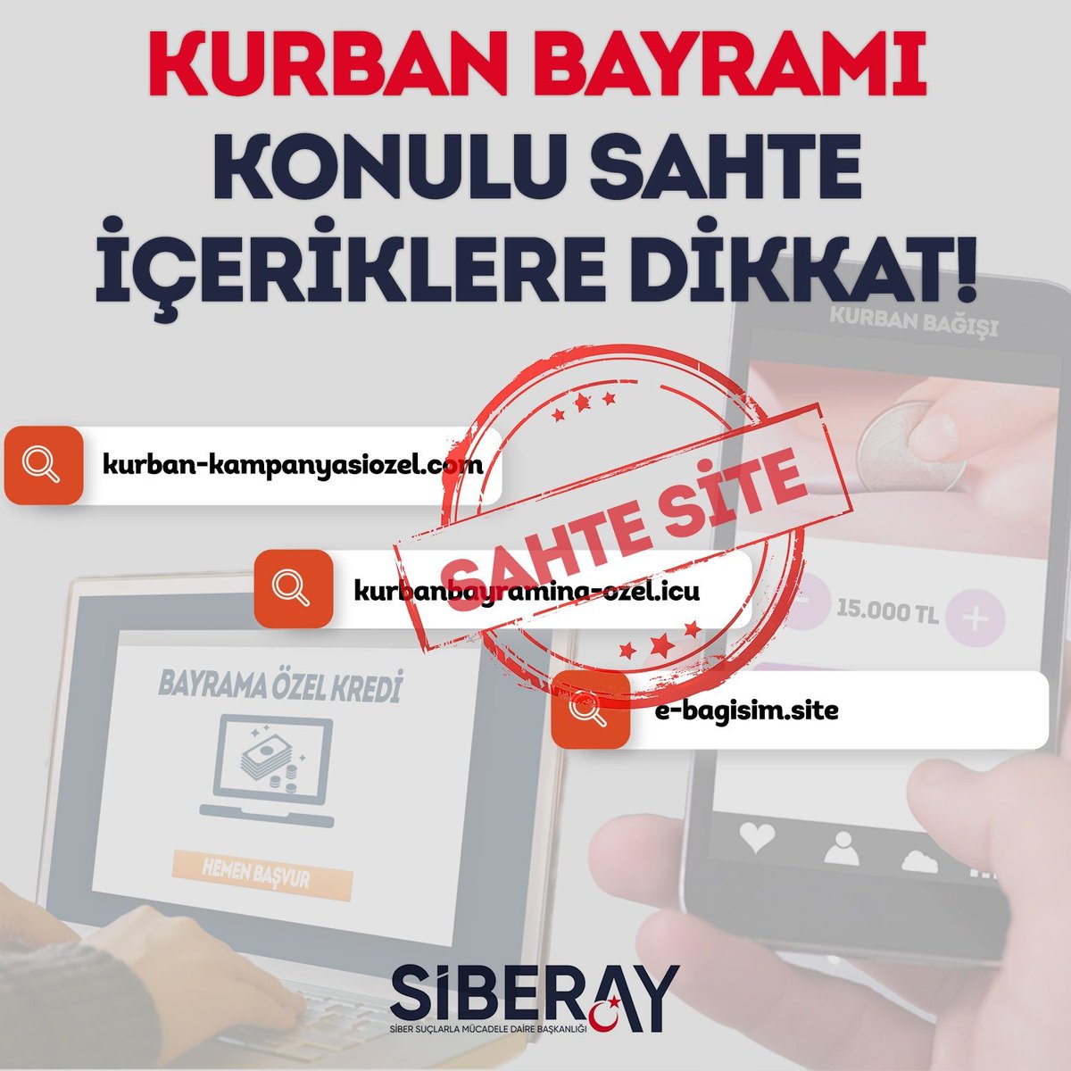SiberayEGM's tweet photo. ⚠ Yaklaşan kurban bayramı öncesinde dijital mecralarda bayram konu başlığıyla karşınıza çıkabilecek oltalama amaçlı içeriklere karşı duyarlı olun.

🔗"Kurban bağışı, bayrama özel kredi" gibi ifadeler kullanılarak sosyal medya, e-posta ya da SMS yoluyla paylaşılan sahte bağlantılara tıklamayın.

❌Yönlendirilen sahte siteler üzerinden bağış/ödeme yapmayın.

❓Teyit edemediğiniz taraflarla kişisel/finansal bilgilerinizi paylaşmayın.

#SİBERAYUyarıyor
#SİBERAY🌙