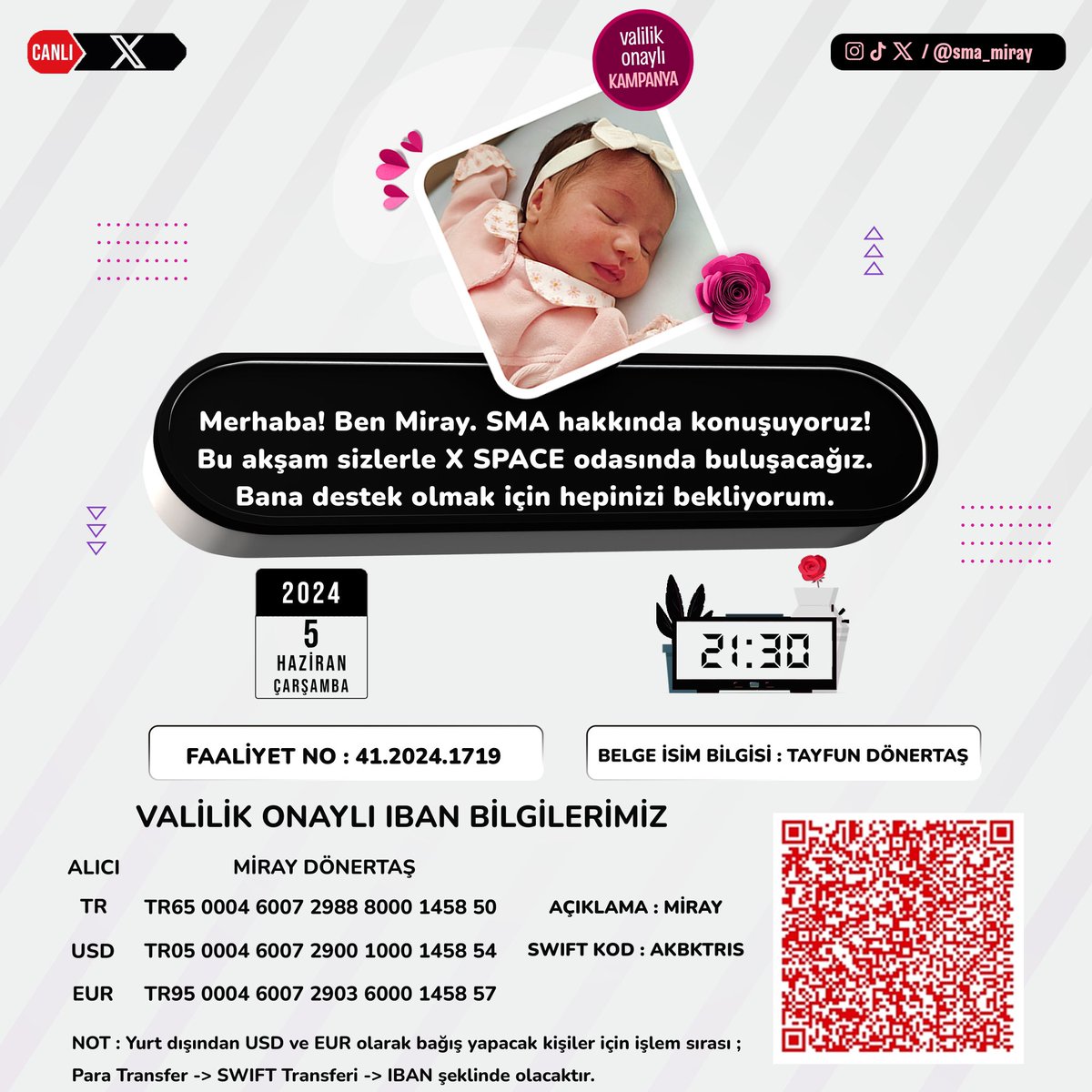 Herkese merhaba✨️
Bu akşam saat 21:30'da SMA TİP-1 Miray bebeğimiz için X'de ilk sohbet odamızı açacağız. Odamızda Miray için güller toplayacağız🌹
Hepinizi Miray'ın ilk yayınına bekliyoruz 🙏🏻
Destekleriniz çok kıymetli🥰 

#smadeğilmiraykazanacak #zolgensma