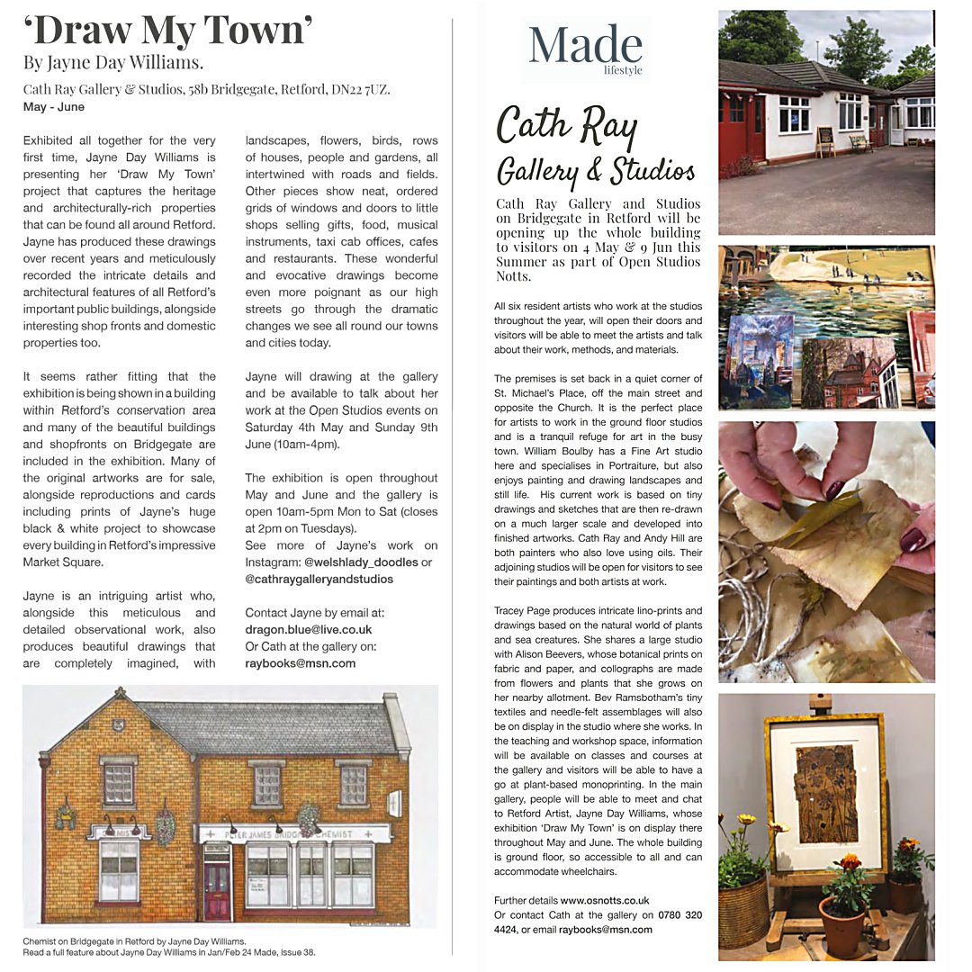 Venue 6 of #osnotts2024 - Cath Ray Gallery &amp; Studios in Retford - is running a 2nd open studio day on Sun 9 June, 10-4 -  58b Bridgegate, RETFORD DN22 7UZ.

See osnotts.co.uk/.../2024/04/CA…

#osnotts #openstudiosnotts #openstudiosnotts2024 #openstudio #openstudios #art #craft #notts