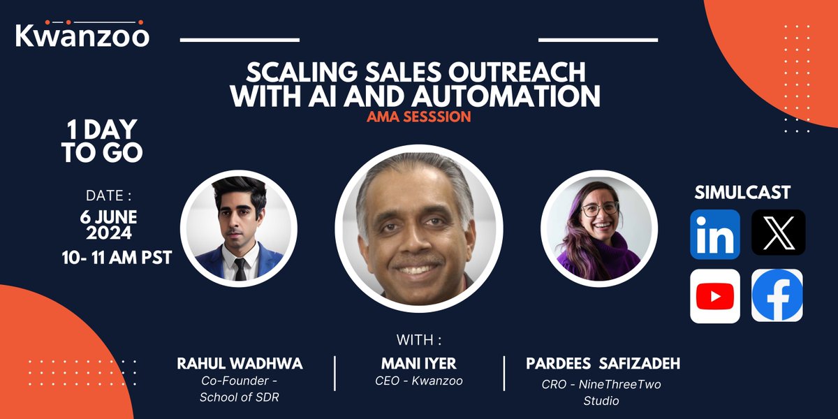 kwanzoo's tweet photo. Join us for an exciting Simulcast event on Scaling Sales Outreach with AI and Automation—just 1 day to go!

Struggling with sales outreach? Learn to scale with AI! Featuring experts from Kwanzoo, NineTwoThree Studio, and the School of SDR.

Register Now :  https://t.co/B4vV8GOmVc https://t.co/qoId7w61ou