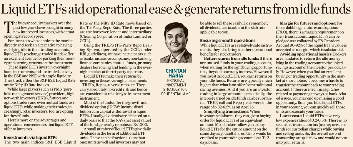 roshnirohira's tweet photo. Wondering what to do with idle cash? Invest in Liquid ETFs for better returns at lower cost. Read what @chintanharia from @ICICIPruMF has to say in this @DeccanHerald article.
#Investing #LowVolatility
@MituSamar @ambakhshi @TotigerSrushti @sahhban @darshinib @poojavora18 https://t.co/HJMiHHKc1V