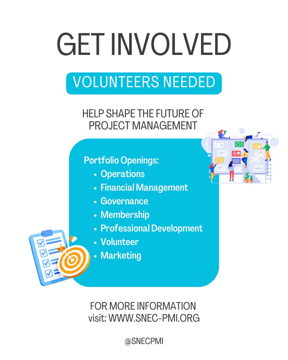 SNEC-PMI is seeking dedicated volunteers to support our mission.

Why Volunteer?

1️⃣ Enhance your project management skills.
2️⃣ Gain valuable experience.
3️⃣ Network with like-minded professionals.

For more information, visit snec-pmi.org 

#SNECPMI #PMI #Volunteer