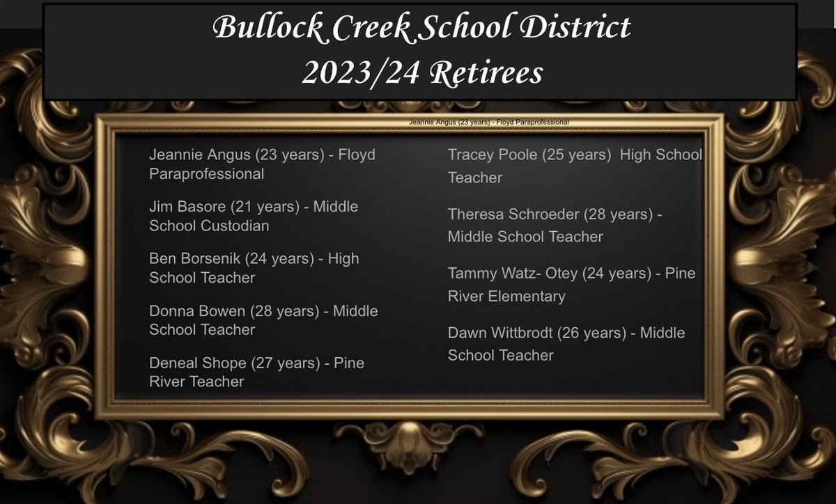 MikuskoV's tweet photo. Bullock Creek School District would like to congratulate our 2023/24 retirees!  Thank you for your service to our students and our community! https://t.co/snx19GeKzv