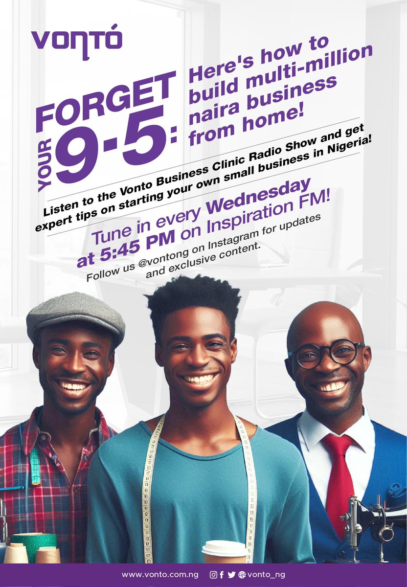 Vonto_ng's tweet photo. Tired of your 9-5? Do you want to start a business in the current economy and don’t know where to start? 

Join us Live at 5:45PM for a special radio show all about starting your own business in Nigeria. 

FG and NLC
Naira #coinstore El-Rufai
Wike 
Kaduna
Olise 
Beggie Beggie https://t.co/mgj9QdIJNw