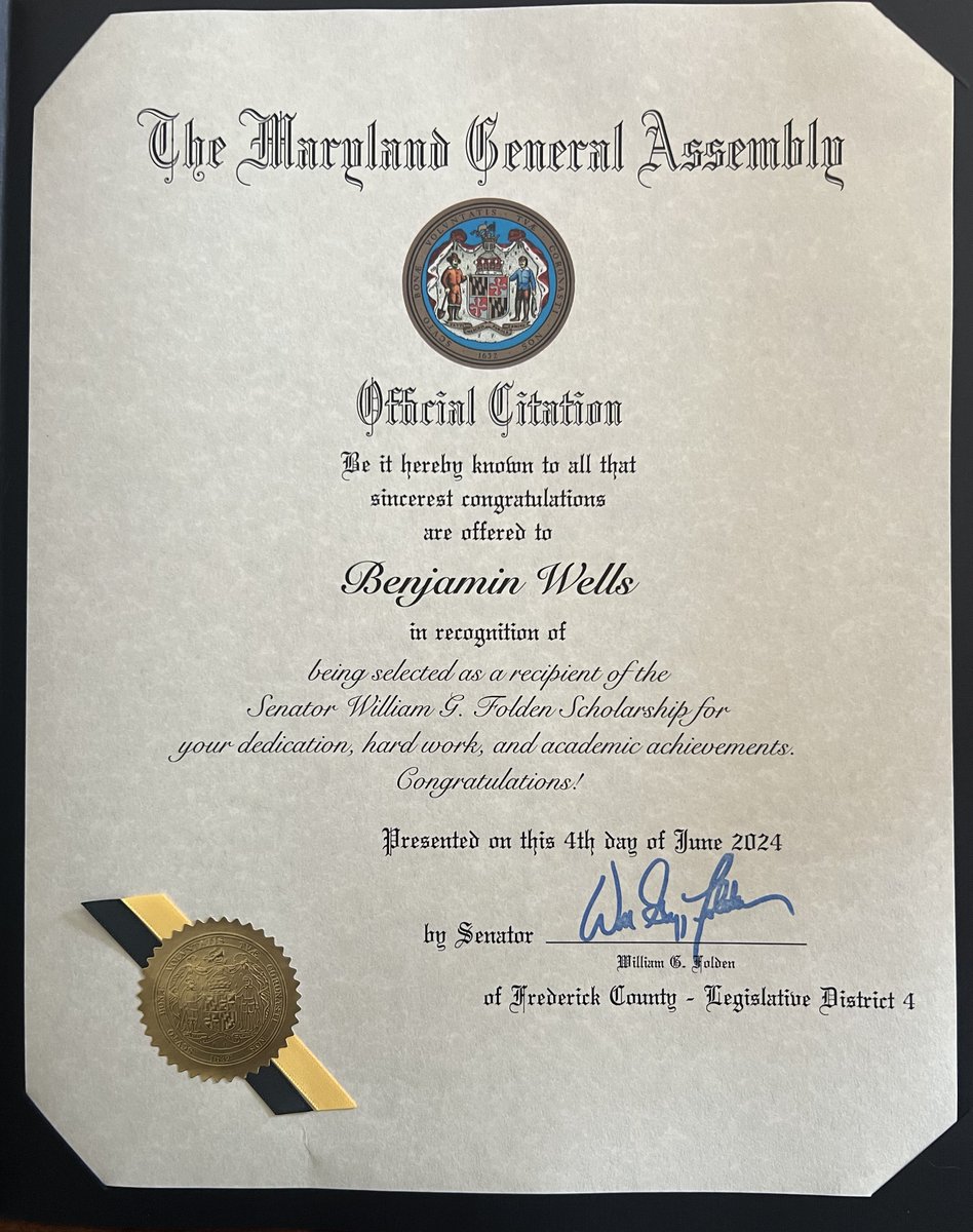 I would like to thank Senator William Folden for giving me a scholarship to continue my education at Frostburg University.