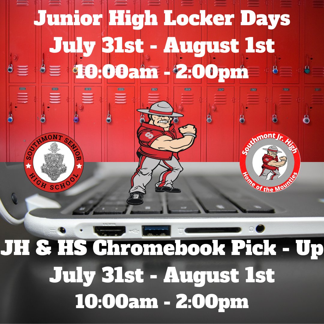 Jr. high &amp; high school students, save the date for Locker Days &amp; Chromebook pick-up!

Locker Days for the Jr. high students are from 10 AM to 2 PM on July 31 &amp; August 1.

Chromebook pick-up for both Jr. high &amp; high school students is also from 10 AM to 2 PM on July 31 &amp; August 1.
