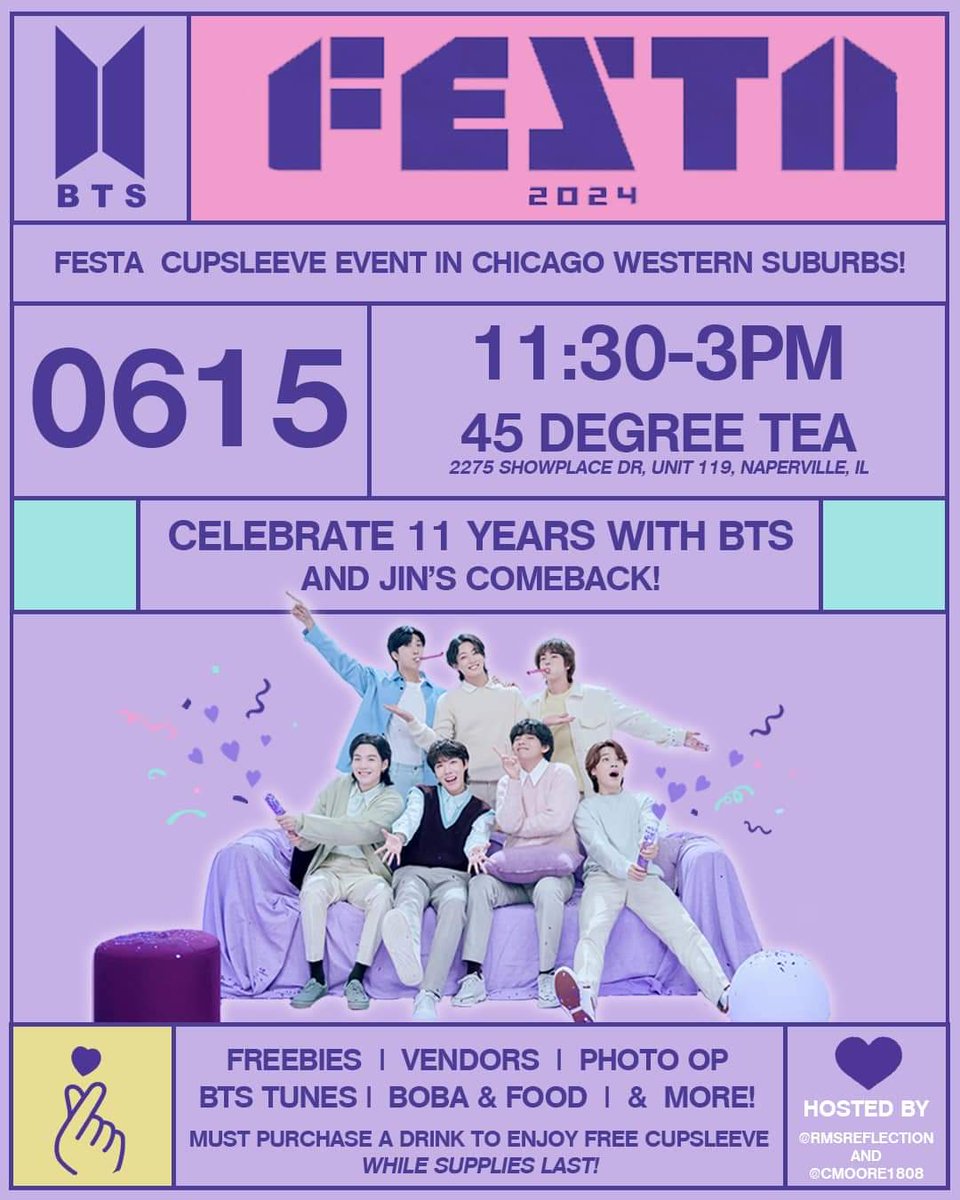 GnetArmyMom's tweet photo. ➡️💜 Chicagoland ARMY! 💜⬅️

Come and celebrate FESTA in the burbs! Saturday, June 15th at 45 Degree Tea in Naperville, Illinois. 

Freebies! Door prizes! Amazing vendors! Photo ops!

Not my event, but wanted to help this ARMY to get the word out about her first cupsleeve! https://t.co/sTBsbm5f9r