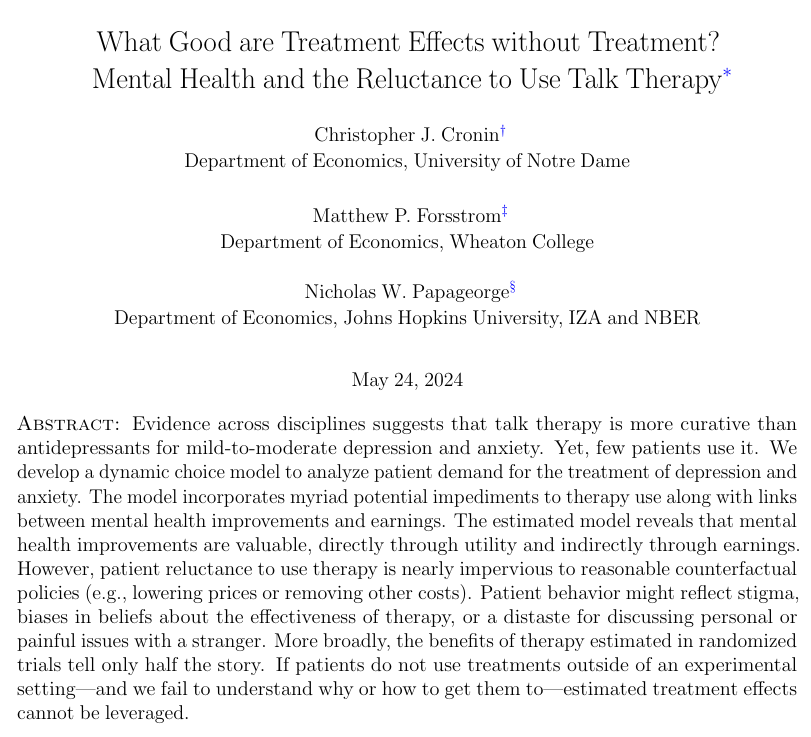 RevEconStudies's tweet photo. Recently accepted to REStud, "What Good are Treatment Effects without Treatment? Mental Health and the Reluctance to Use Talk Therapy"
from Cronin @nd_econ, Forsstrom, and @NWPapageorge:

https://t.co/op1aVtXBZn https://t.co/mBAzeVbgx4