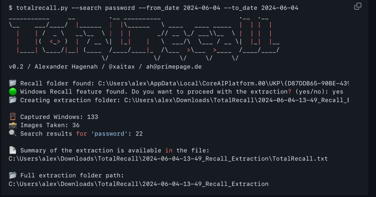 DragonJAR's tweet photo. Recientemente se ha dado a conocer que la nueva funcionalidad Recall de Windows guarda todo lo que hacemos en nuestra máquina, algo así como un screenlogger pero de Microsoft. Ellos dicen que guardan todo localmente, sí, pero sin ningún tipo de cifrado. Por tanto, solo era cuestión de tiempo para que aparecieran herramientas como TotalRecall, una herramienta que extrae y muestra datos de la función Recall en Windows 11. Permite acceder fácilmente a instantáneas de actividad del PC, almacenadas localmente en una base de datos SQLite sin cifrar. La herramienta copia bases de datos y capturas de pantalla, las analiza en busca de artefactos interesantes y ofrece funciones de búsqueda por texto usando OCR, por lo que podrás “recordar” cualquier cosa de “tus” imágenes. También genera informes detallados sobre la actividad capturada, facilitando la revisión de datos visuales y textuales almacenados en el sistema.

Interesante herramienta a tener en cuenta en nuestros procesos de auditoría a entornos Windows. Nunca se sabe qué podremos extraer de funcionalidades como esta.

Puedes obtener más información aquí: https://t.co/DtnfUxbOgc
