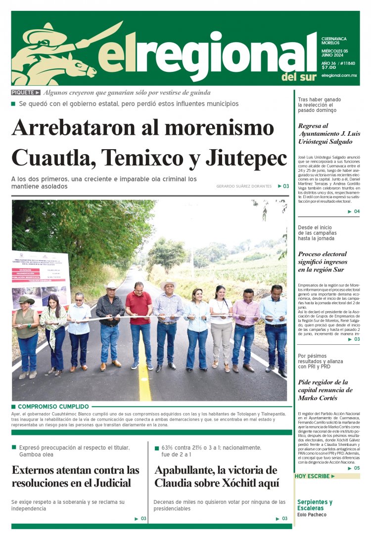 Excelente miércoles 😃👋 

Hoy en nuestra portada 📰 

📌 Arrebataron al morenismo Cuautla, Temixco y Jiutepec

Columna 📝: Serpientes y escaleras - La lección de la elección

En opinión de Eolo Pacheco

#ElRegional #Morelos