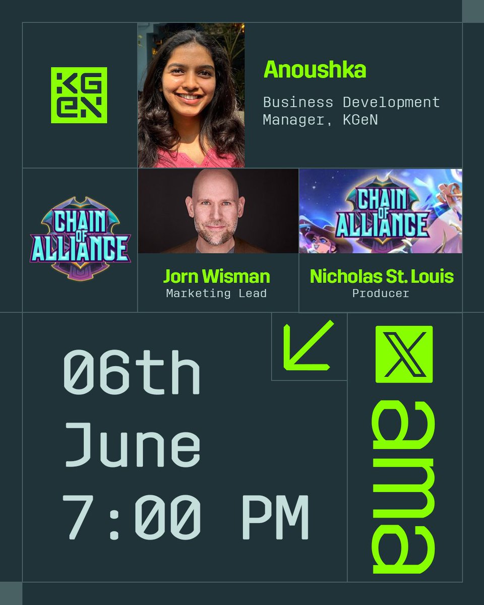 About everything between GODS and the MORTAL REALM 💫

Join the chat to know the story behind this living, breathing epic!

Speakers: KGeN’s <a href="/anoushkaananth/">Anoushka</a> | @ChainOfAlliance's <a href="/jjwisman/">Jorn Wisman</a>  &amp; Nicholas St. Louis.

Come for the deets, stay for the saga!

🗓️ 6th June, 2024

⏳ 7.00