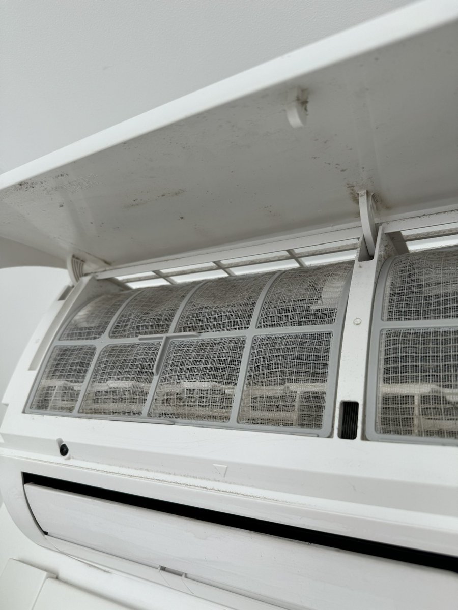 levelsio's tweet photo. First thing I do now checking into a new Airbnb is open the aircon

Filters are always insanely dirty filled with dust, mould, and whatever is in there

You can easily take them outc shower them, dry them and put them back and you have clean ACs https://t.co/DXV0Q4v67i