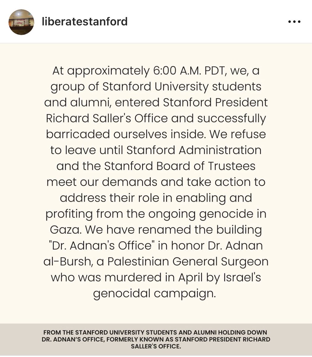 EliseJoshi's tweet image. BREAKING! Stanford students have occupied the President's Office. Stanford's endowment is the 3rd largest at $36B.

Stanford's student body voted 75% in favor of divestment but admin won't listen. This is exactly the energy we need. Way to go @StanfordSJP.