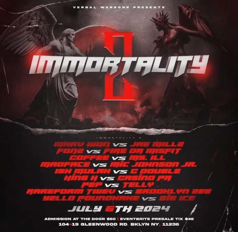 MzNewYorkOne's tweet photo. And after you cop that good work.. buy a ticket to this event in Brooklyn - 

@VWZENTLLC 
Presents #IMMORTALITY2

⚔️ @marvwon vs @JAE_MILLZ ⚔️

@knowledgethagod 
@SaRaKaNa 
@HeavyBagTV 
@15MofeRadio 
@yoyorapreview 
@Jlegend100 
@DmelWashington

Whose popping out though?
#SLBR https://t.co/QjXdHGkuGi