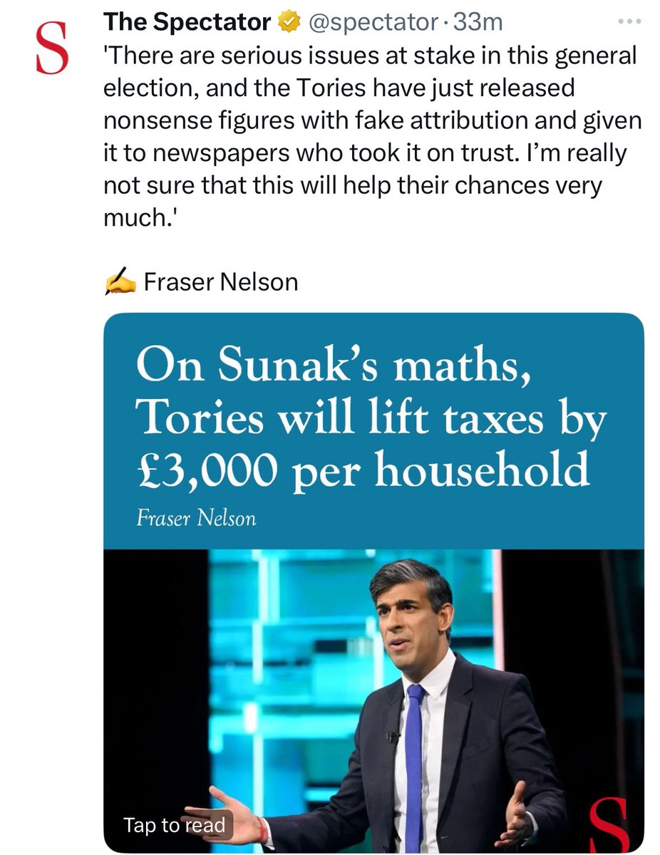 PolitlcsUK's tweet photo. 🚨 NEW: Tory supporting paper Spectator has accused the Tories of using “nonsense figures” in relation to Rishi Sunak’s £2,000 Labour tax rise claim https://t.co/xxzzQdQmpJ