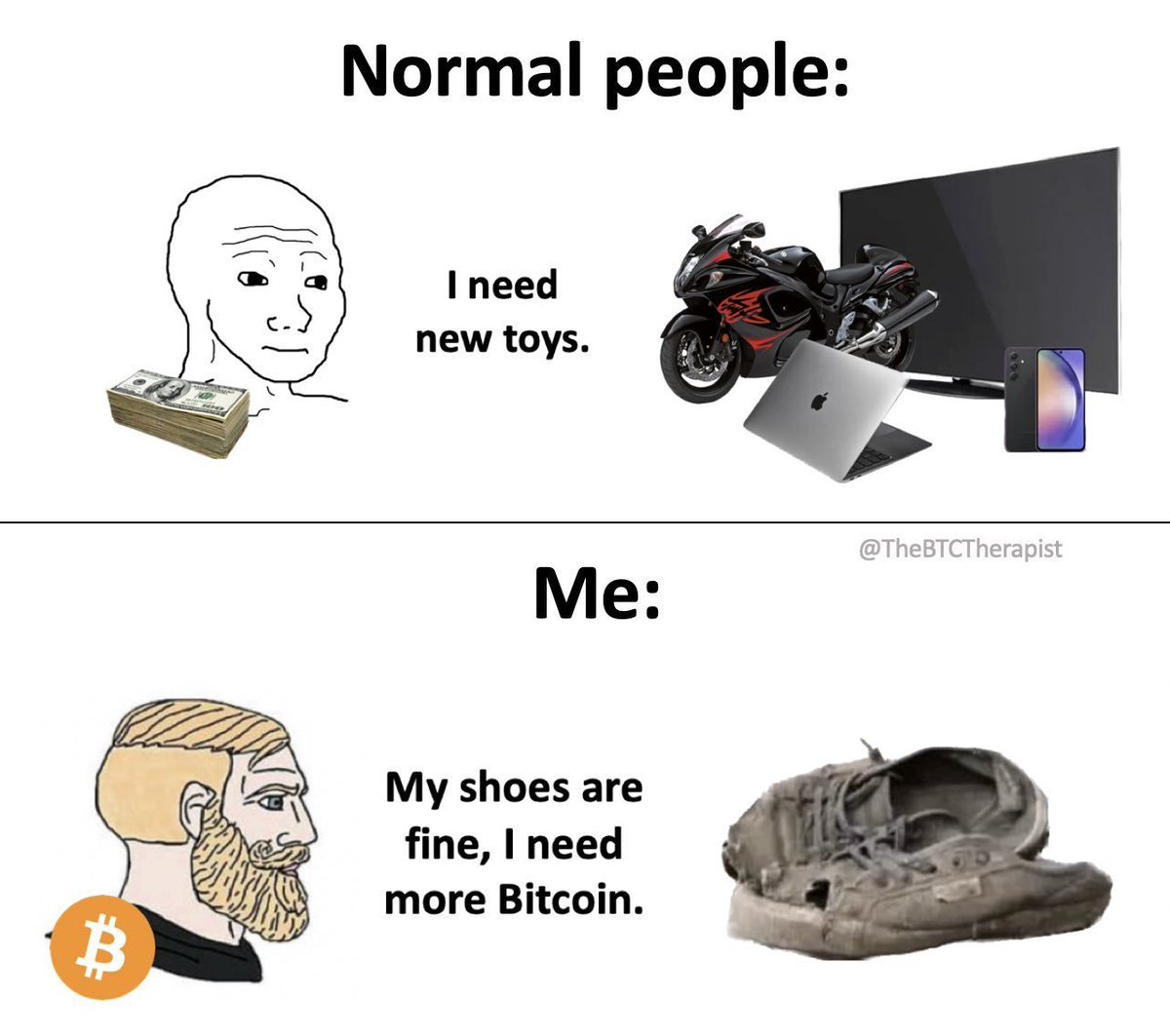 wallstreetbets's tweet photo. Normal people vs. degens: #Bitcoin https://t.co/vU53VD34lm