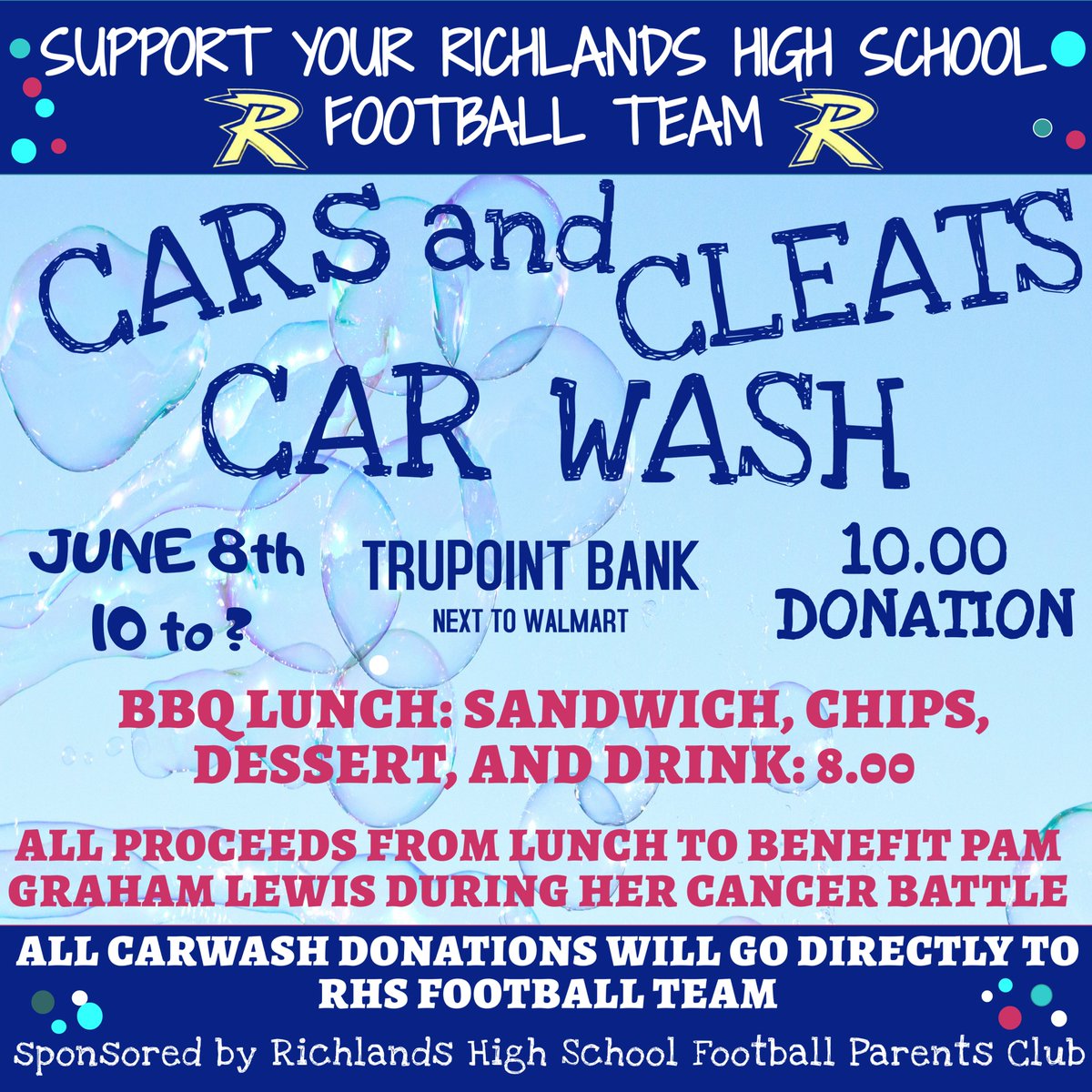 ClubRichlands's tweet photo. All 8th grade, JV, and V football players are needed to work the carwash to raise money for the RHS Football Team:) Hours are 10-late afternoon. We look forward to seeing you there!! https://t.co/Q68vY0CzHr