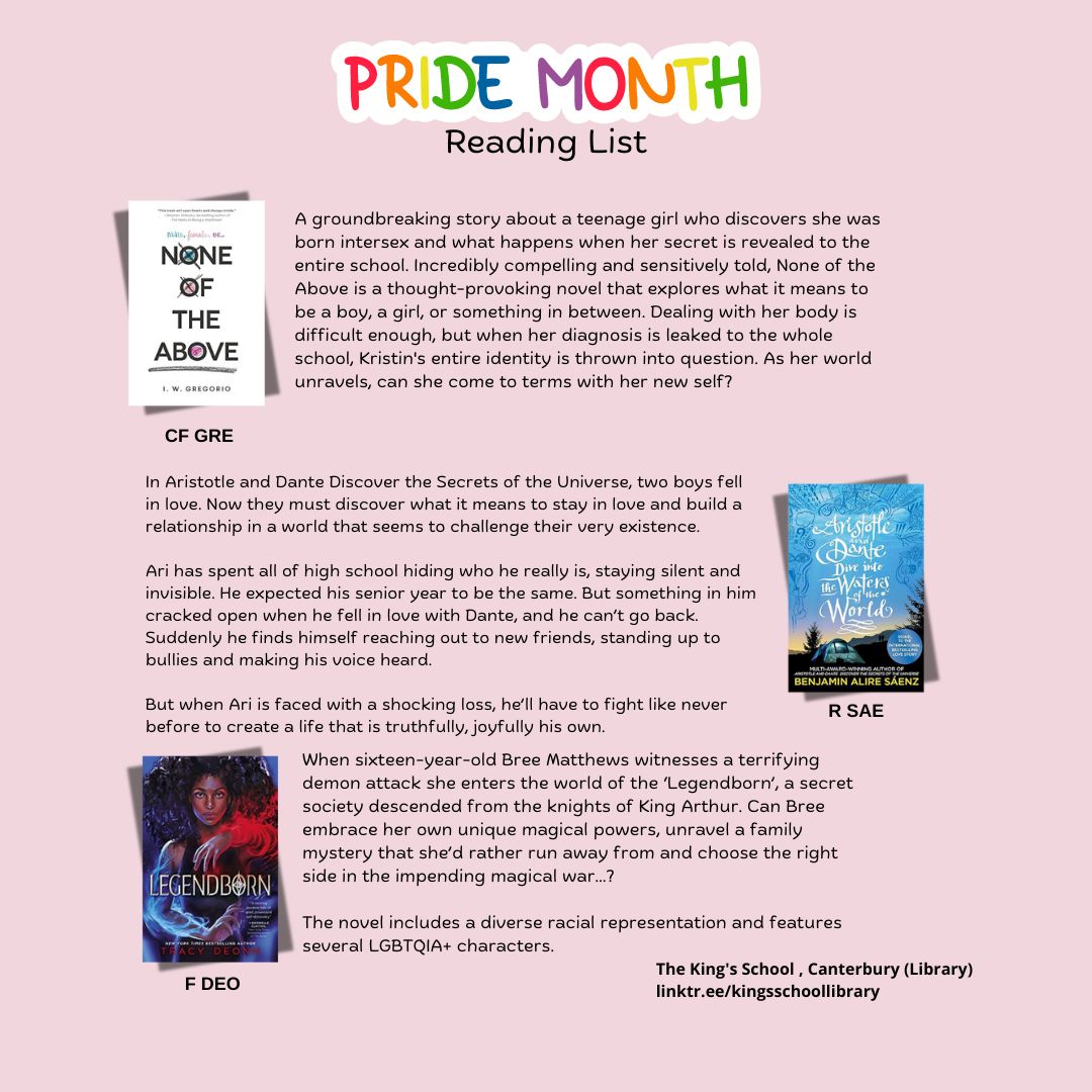 KingsSchoolLib's tweet photo. Happy PRIDE! Here's a short reading list we've curated to celebrate PRIDE month.

#pridemonth2024 https://t.co/RvwxgFXYqj