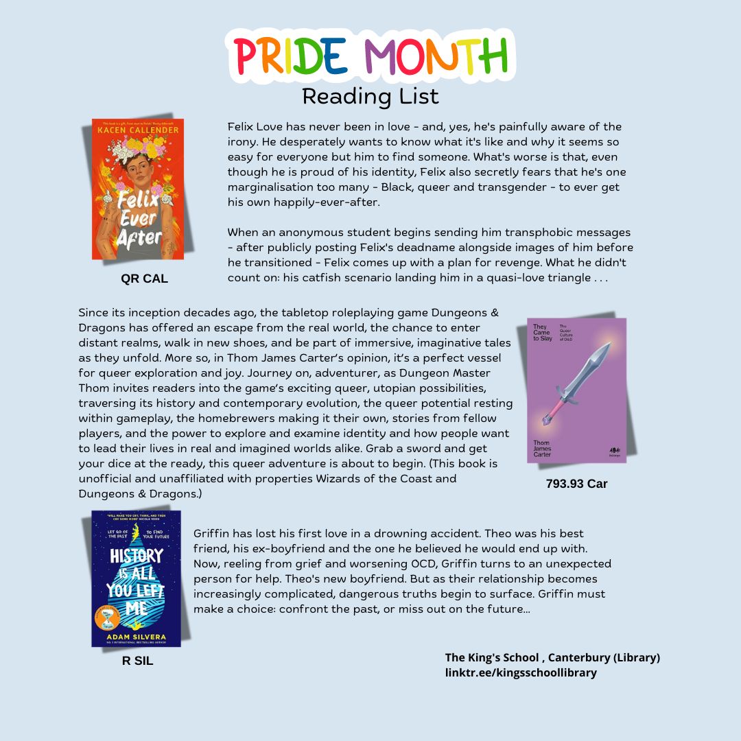 KingsSchoolLib's tweet photo. Happy PRIDE! Here's a short reading list we've curated to celebrate PRIDE month.

#pridemonth2024 https://t.co/RvwxgFXYqj