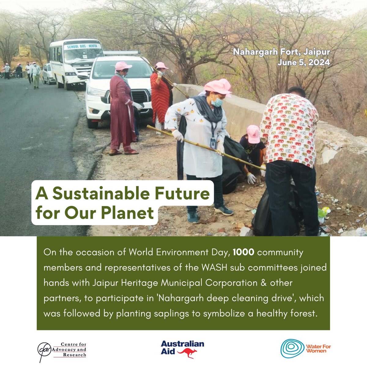 CFARngo's tweet photo. On World Environment Day, WASH committees, marginalized communities from wards 8, 10, and 11, SGM, RHO and CSO partners, and government departments collaborated with Jaipur Heritage Municipal Corporation for the 'Nahargarh Deep Cleaning Drive' campaign. Over 1000 volunteers from the city joined the event to pledge for a safe and green environment. Karnika, Brand Ambassador of Swachh Survekshan, JMC Heritage, planted saplings to symbolize a green, vibrant, and sustainable environment.
@LSG_Rajasthan @nagar_jaipur @AusHCIndia @_waterforwomen @ausgov @dfat @WaterPartnersAU @SNV_WASH @NFSSMalliance @SNVworld @IWMI_ @NIUA_India @Secretary_MoHUA @bmcbbsr @wash_institute @MoHFW_INDIA @MoHUA_India @UNFPAIndia @UNDP_India @UNICEFIndia @USAID @CEEWIndia @CSEINDIA