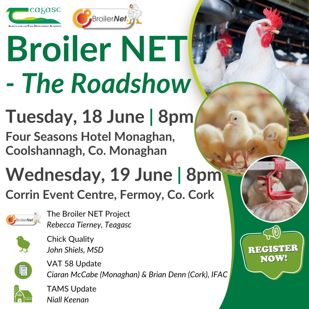 Teagasc (@teagasc) on Twitter photo Broiler NET – The Roadshow takes place on Tuesday, 18 June & Wednesday, 19 June. Rebecca Tierney, <a href="/TeagascPoultry/">Teagasc Poultry</a> will present the finding to date and give the outline for the remaining project and how you, as a producer, can be involved.
Register here bit.ly/3UAQeac Broiler NET – The Roadshow takes place on Tuesday, 18 June & Wednesday, 19 June. Rebecca Tierney, <a href="/TeagascPoultry/">Teagasc Poultry</a> will present the finding to date and give the outline for the remaining project and how you, as a producer, can be involved.
Register here bit.ly/3UAQeac
