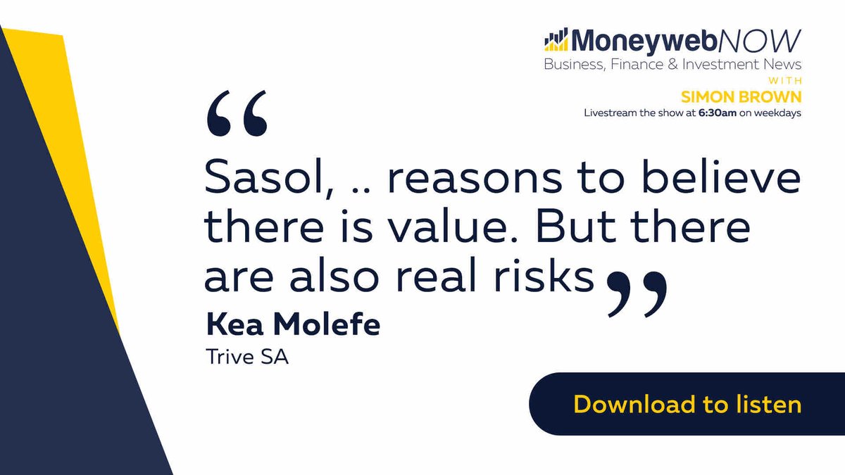 Moneyweb's tweet photo. @Simonpb asked #TriveSA Kea Molefe whether there is still any value in #Sasol.
Download the #MoneywebNow podcast: https://t.co/Wn8wnnaFXO https://t.co/pf3ouIEzDM