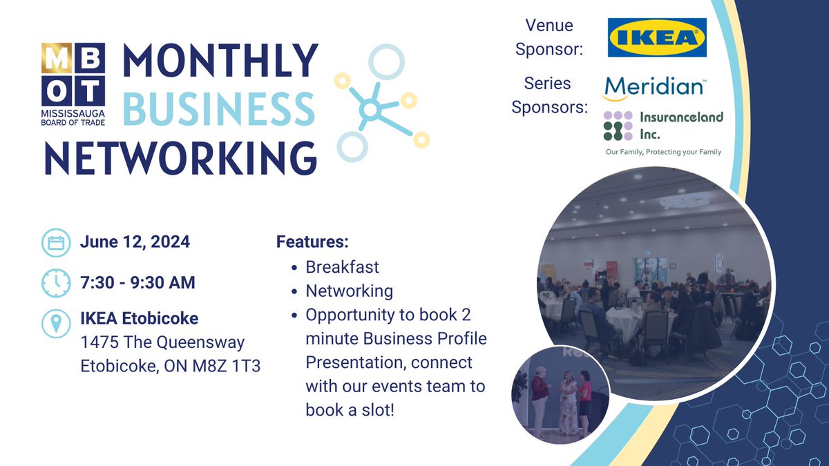 MBOTOntario's tweet photo. 1 week away! #MBOT is delighted to invite you to our monthly Business Networking Session on June 12. Join us at IKEA as this event promises to be one of valuable connections, insightful conversations, and new opportunities: https://t.co/SxehsGvnwm
@insurancelandca @MeridianCU https://t.co/5Njwwq6ZSg