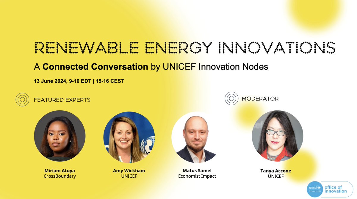 UNICEFinnovate's tweet photo. Renewable energy is changing how we create, store, and share power 🌿 But which emerging solutions are fit to create a climate-resilient future #ForEveryChild? 

Join us:
🖊️ Thursday, 13 June at 9am EDT / 3pm CEST
👉🏼 Register here: https://t.co/qUoaAecHCY

#WorldEnvironmentDay‌🌍 https://t.co/CeiAet4tEe