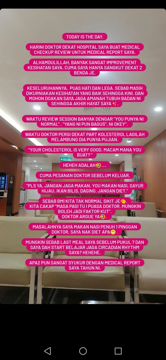 Hazwanihosni_'s tweet photo. Alhamdulillah for today. Result medical checkup tahun ni banyak improvement. Lagi2 part kolesterol tu.

Jangan lupa buat medical checkup tahunan. Tubuh badan ni pun amanah.

Nak special rate buat medical checkup dekat PHKL, kena jadi client saya dulu ☺️.

#medicalchekcup
#PHKL https://t.co/vYBJcwplqU